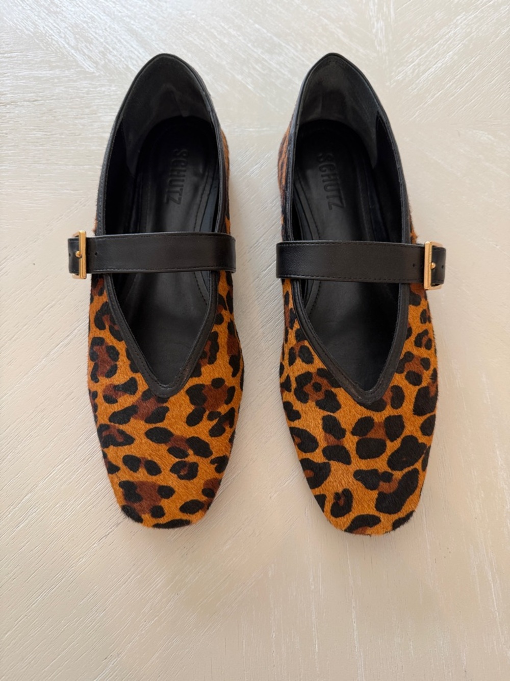 SCHUTZ Leopard-Print Mary Jane Flats in Black & Brown